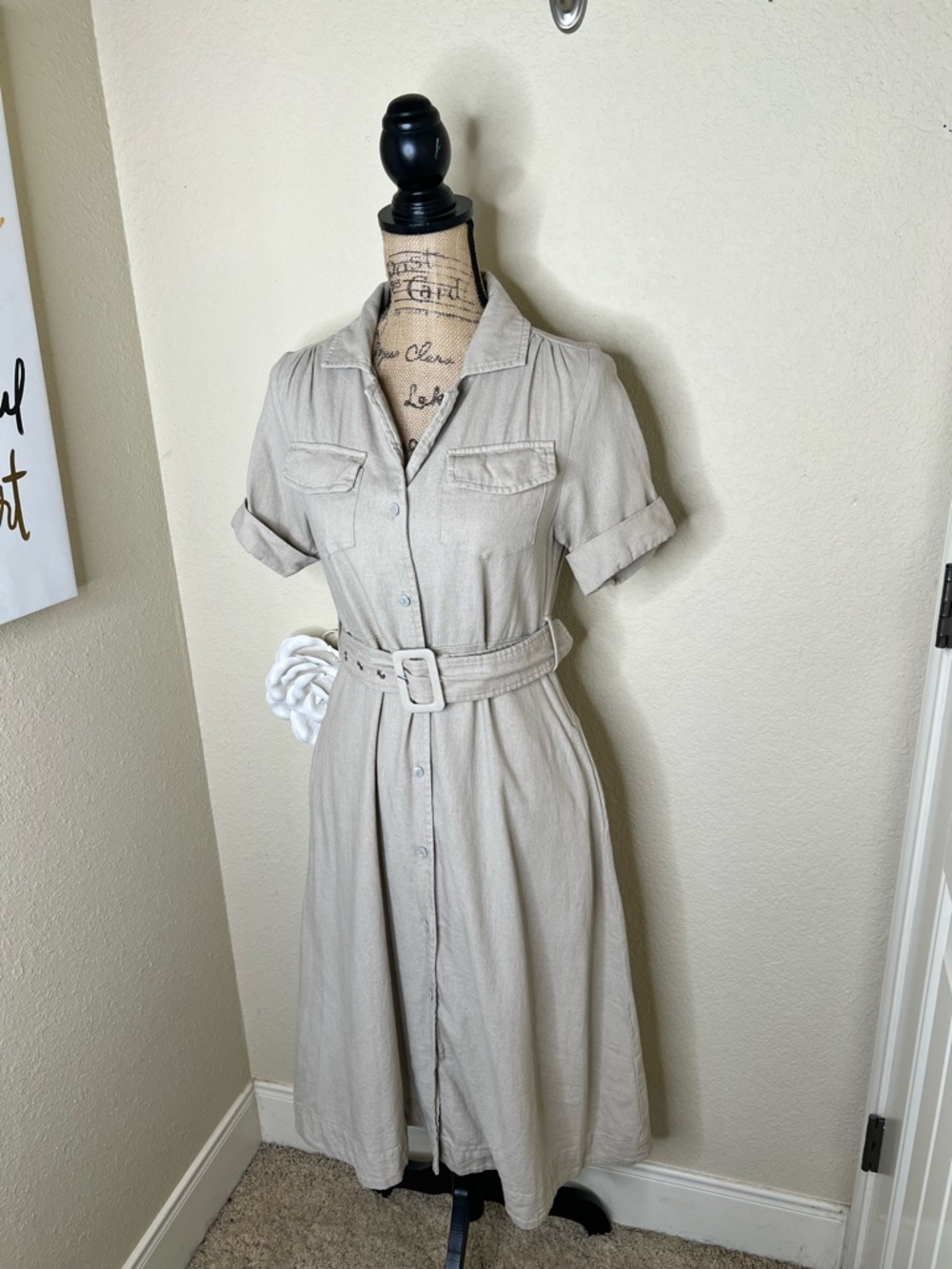 NTM Tahari Linen Blend Shirt Dress Belted Button Front Taupe XS Midi Pockets - Picture 5 of 16